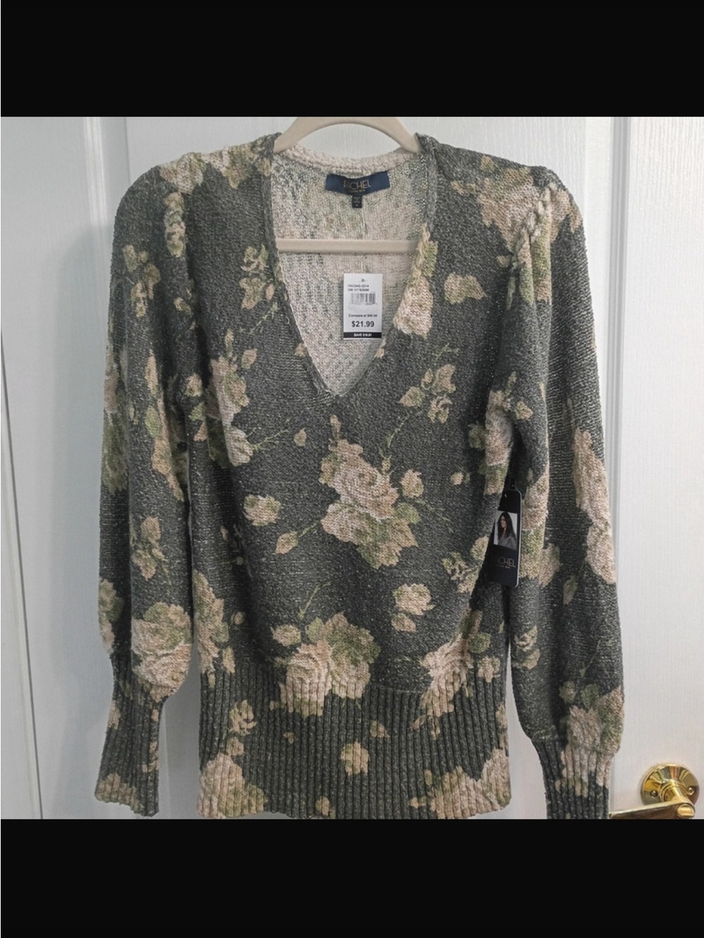 Rachel Olive Green Floral V-Neck Sweater